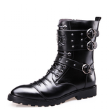 Men's Punk Rivet Buckle Motorcycle Boots - Black - Rivet Boot - 45 B - PU Leather - image 1