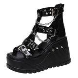 Women's Chain Buckle Platform Sandals - Black - 2 / Chain / Patent / Sandals - 43 B - PU Leather - image 1