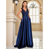 Women's Elegant Satin Sequin Dresses - Navy Blue - Evening Dress - XXL - Polyester Sequin - image 1