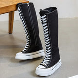 Women's Lace Up Knee High Canvas Boots - Black - Knee High Boots - 40 B - Canvas - image 7