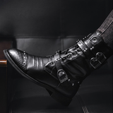 Men's Leather Lace Up Buckle Strap Boots - Black - Biker Boot - 45 B - Genuine Leather - image 20
