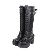 Women's Goth Motorcycle Platform Boots - Black - Platform Buckle Boots - 40 B - PU Leather - image 1