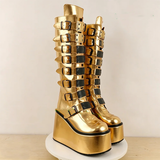 Women's Gold Black Buckle Strap Boots - Gold - Buckle Boots - 46 B - PU Leather - image 4