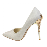 Metal Carved Heels - Silver - Embossed Heel Stilettos - 10 B - Silk/PU Leather - image 45