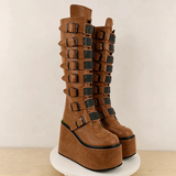 Women's Brown Buckle Strap Platform Boots - Brown - Buckle Boots - 46 B - PU Leather - image 6