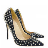 Women's Spikes Rivets Super High Stilettos - Black - 12cm Spike Stilettos - 46 B - PU Leather - image 5