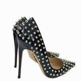 Women's Spikes Rivets Super High Stilettos - Black - 12cm Spike Stilettos - 46 B - PU Leather - image 6