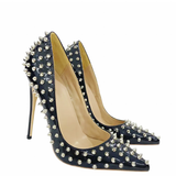 Women's Spikes Rivets Super High Stilettos - Black - 12cm Spike Stilettos - 46 B - PU Leather - image 15