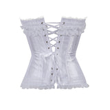 White satin corset adorned with delicate lace trimmings and silver eyelets. The corset features intricate front lacing, evoking elegance and sophistication.
