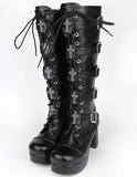 Women's Punk Cross and Buckle Strap Boot - Black - 1 / 8cm PU / Matte Boots - 44 B - PU Leather - image 20