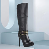 Women's Knee High Chain Stiletto Boots - Black - With Chain - 46 B - PU Leather - image 8