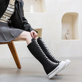 Women's Lace Up Knee High Canvas Boots - Black - Knee High Boots - 40 B - Canvas - image 32