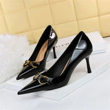 Women's Patent Metal Buckle Luxury Heels - Black - 7cm Heels - 43 B - PU Leather - image 40