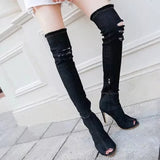 Women's Denim Over Knee Stiletto Boots - Light Blue - Stiletto Boots - 41 B - PU/Canvas - image 37
