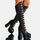 Women's Cut Out Chunky Knee High Boots - Black - Matte Platform Boots - 43 B - PU Leather - image 32