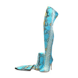 Women's Multicolor Snake Print Long Boots - Blue - Snake Print - 45 B - Plush Stretch Material - image 13