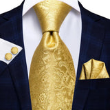 Men's 3 Pcs Classic Yellow Gold Tie Sets - Gold - C-3053 - One Size - Silk - image 1