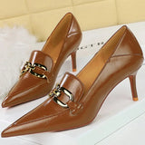 Women's Low Pointed Toe Buckle Pumps - Brown - Pumps - 40 B - PU Leather - image 42