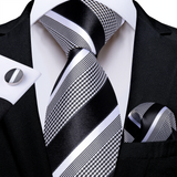 Men's 3 Pcs Black White Striped Tie Set - Black/White - 3 Pcs Necktie Set / 8803 - One Size - Silk - image 5