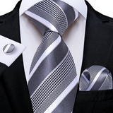 Men's 3 Pcs Light Gray Striped Tie Set - Gray/White - 3 Pcs Necktie Set / 8805 - One Size - Silk - image 5