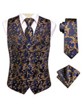 Men's 5 Pcs Luxury Formal Waistcoat Tie Set - Blue/Gold -5Pcs Set - MJ-3006-0079 - XXXL - Silk - image 9