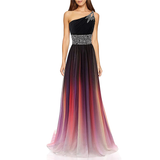 A womanwearing a colorful evening gown with a gradient from black to purple to pink. The one-shoulder design and patterned waist add elegance.