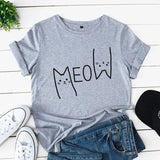 Women's Cute Meow Cat Printed T-Shirt - Grey - Meow Shirt - 5XL - Polyester - image 6