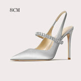 Women's Luxury Diamante Satin Stilettos - Silver - 8 cm Heel Shoes - 45 B - Satin - image 13