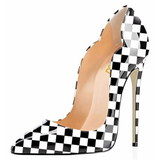 Women's Colored Checkered Patent High Heels - Black/White - 12cm Heel - 44 B - PU Leather - image 33