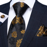 Funki Buys | Neckties | Men's 3 Pcs Black Gold Flowers Tie Set