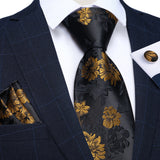 Funki Buys | Neckties | Men's 3 Pcs Black Gold Flowers Tie Set