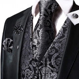 Men's 5 Pcs Luxury Black Silver Vest Tie Set - Black/Silver -5Pcs Set -MJ-0011-0055 - XXXL - Silk - image 14