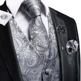 Men's 5 Pcs Luxury Silver Waistcoat Tie Set - Gray/Silver -5Pcs Set - MJ-0021-0000 - XXXL - Silk - image 3