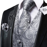 Men's 5 Pcs Luxury Silver Waistcoat Tie Set - Gray/Silver -5Pcs Set - MJ-0021-0000 - XXXL - Silk - image 1