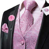 Men's 4 Pcs Pink Paisley Silk Tie Vest Set - Pink - 4pc Tie Set - MJ-3047 - 3XL - Silk - image 12