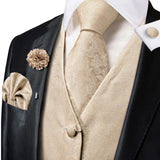 Men's 5 Pcs Floral Wedding Vest Tie Set - Beige - 5Pcs Set - MJ-0036-0088 - XXXL - Silk - image 1