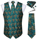 Men's 5 Pcs Classic Silk Paisley Tie Vest Set - Green - 5pc Tie Set - MJ-0125 O - 3XL - Silk - image 15