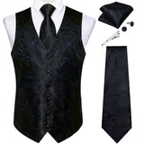 Men's 5 Pcs Classic Silk Paisley Tie Vest Set - Black- 5pc Tie Set -MJ-0144 - 3XL - Silk - image 24