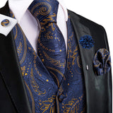 Men's 5 Pcs Fashion Silk Waistcoat Tie Sets - Blue/Gold - MJ-3023-0060 - 3XL - Silk/Rayon/Polyester - image 25