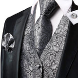 Men's 4 Pcs Gray Silver Silk Tie Vest Set - Gray Silver - 4pc Tie Set - MJ-3054 - 3XL - Silk - image 2