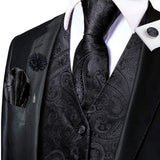 Men's 5 Pcs Luxury Black Vest Tie Set - Black -5Pcs Set -MJ-3203-0064 - XXXL - Silk - image 14