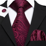 Funki Buys | Neckties | Men's 3 Pcs Deep Burgundy Paisley Tie Set