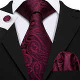 Funki Buys | Neckties | Men's 3 Pcs Deep Burgundy Paisley Tie Set