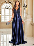 Women's Elegant Satin Sequin Dresses - Navy Blue - Evening Dress - XXL - Polyester Sequin - image 29