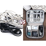 A messy tangle of cables on the left compared to neatly organized chargers and cords in a case on the right, illustrating order vs. chaos.