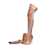 Women's Multicolor Snake Print Long Boots - Apricot - Snake Print - 45 B - Plush Stretch Material - image 15