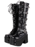 Women's Gothic Harajuku Platform Stud Boots - Black - Cross / Matte / Stud Heel / 10cm - 44 B - PU Leather - image 7