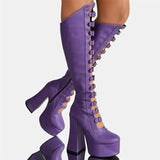 Women's Cut Out Chunky Knee High Boots - Purple - Matte Platform Boots - 43 B - PU Leather - image 17