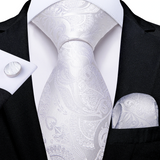 Men's 3 Pcs White Floral Wedding Tie Set - White - 3 Pcs Necktie Set / 0393 - One Size - Polyester/Silk - image 5