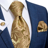 Funki Buys | Neckties | Men's 3 Pcs Golden Floral Silk Tie Set